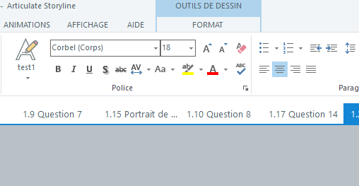 Vue du logiciel Storyline ave l'icone des styles de texte sur la gauche